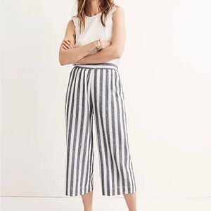 Madewell  Blue and Cream Linen Blend Huston Pull-On Crop Pant Size L